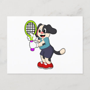 Postal Perro en el tenis con raqueta de tenis