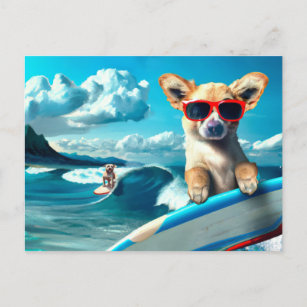 Postal Perro en Surfboard usando gafas de sol arte de IA