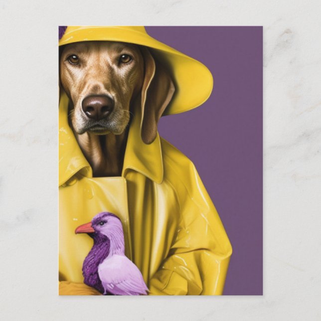 Postal Perro en un abrigo amarillo con un pájaro morado (Anverso)