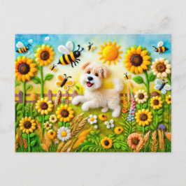 Postal Perro felino con abejas en un jardín de girasoles