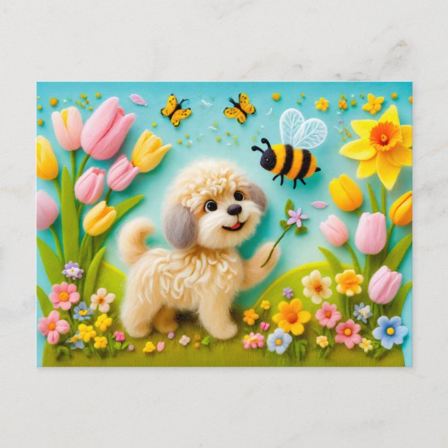 Postal Perro felino con flores de primavera (Anverso)