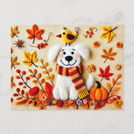 Postal Perro felino con hojas de otoño y un pájaro