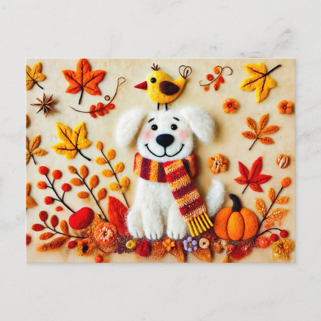 Postal Perro felino con hojas de otoño y un pájaro (Anverso)