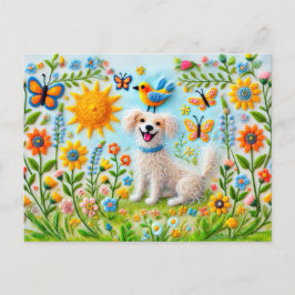 Postal Perro felino con mariposas en el jardín