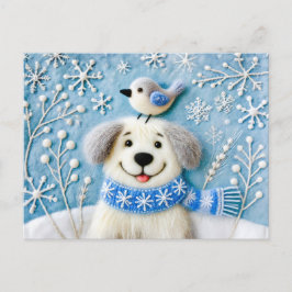 Postal Perro Felino en Nieve con bufanda y pájaro