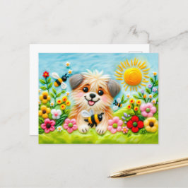 Postal Perro felino en un jardín floreciente con abejas