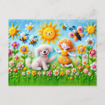 Perro felino y niño en el jardín de flores