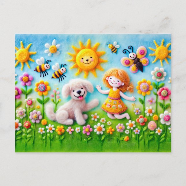 Postal Perro felino y niño en el jardín de flores (Anverso)