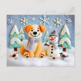 Postal Perro Felt jugando en la nieve con hombre de nieve