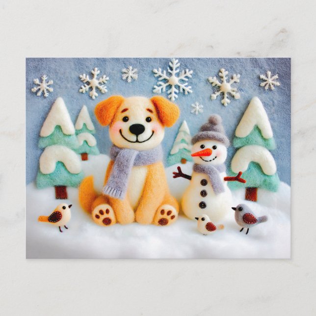 Postal Perro Felt jugando en la nieve con hombre de nieve (Anverso)