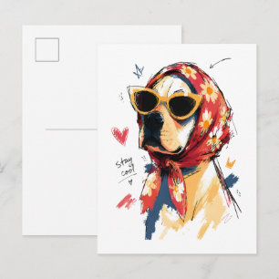 Postal Perro Fresco con Pañuelo Floral y Gafas de Sol