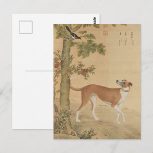 Postal Perro galgo chino vintage y arte de pájaros