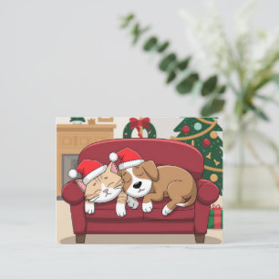 Postal perro gato gorro santa navidad
