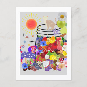 Postal perro, gato y frutas y flores