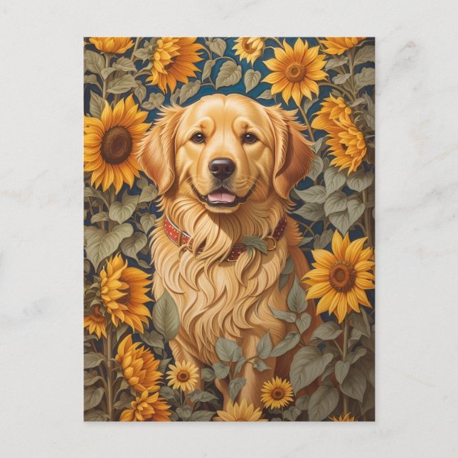 Postal Perro Golden Retriever En El Campo Del Girasol (Anverso)
