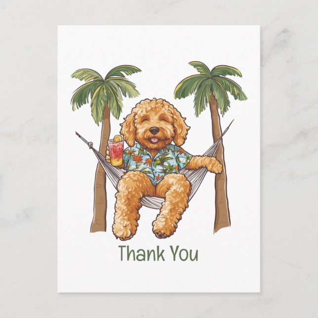 Postal Perro Goldendoodle agradecido con camiseta hawaian (Anverso)