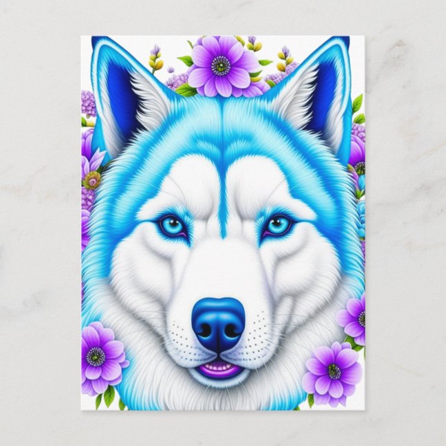 Postal Perro Husky con ojos azules y flores (Anverso)