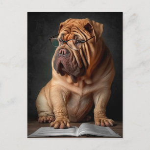 Postal Perro inteligente Shar Pei con diseño de libros