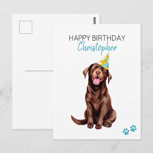 Postal Perro Labrador de Chocolate Personalizado Feliz Cu (Anverso / Reverso)