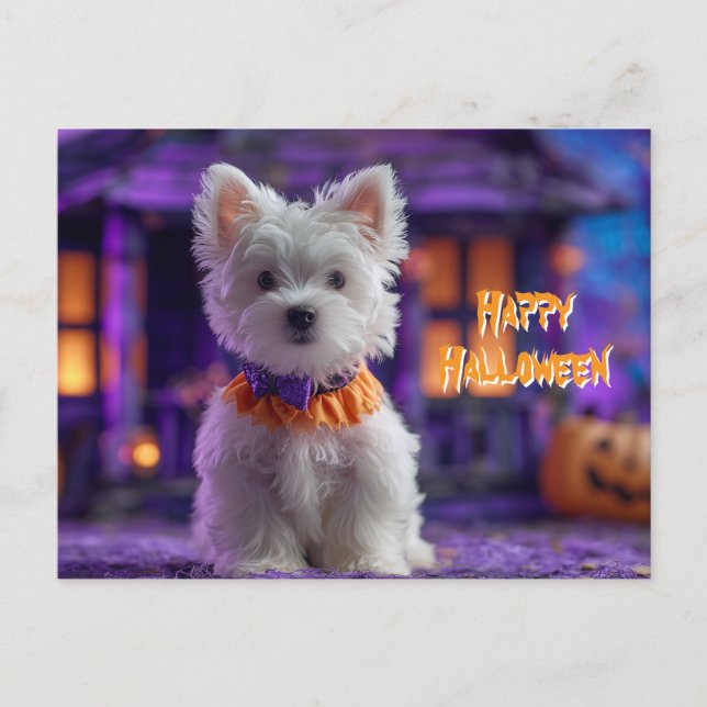 Postal Perro Lindo Feliz Halloween Casa Embrujada (Anverso)