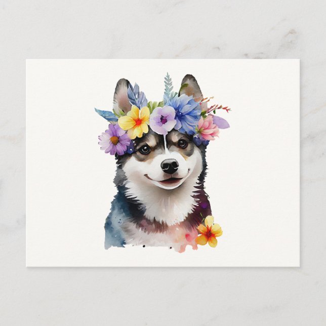 Postal Perro lindo Siberian Husky con flores  (Anverso)