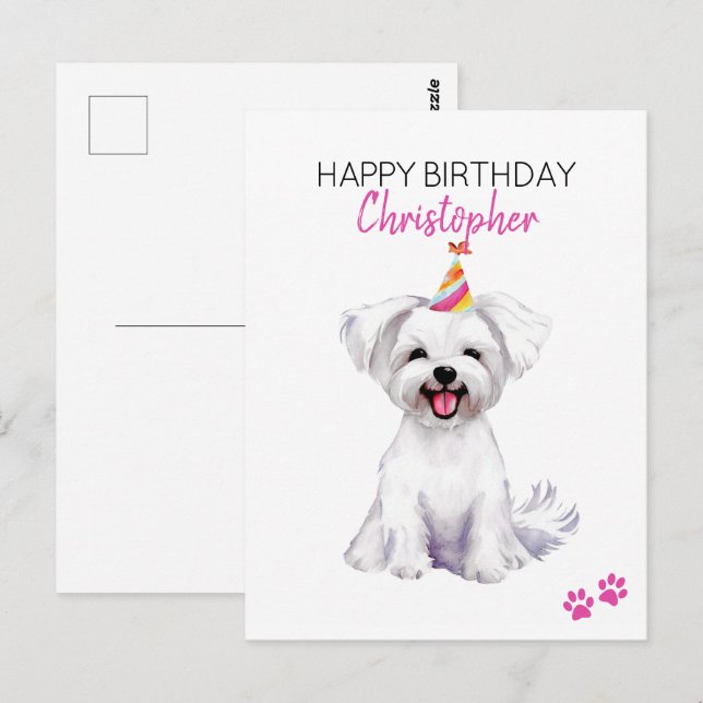 Postal Perro Maltés Cumpleaños Feliz Personalizado  (Anverso / Reverso)