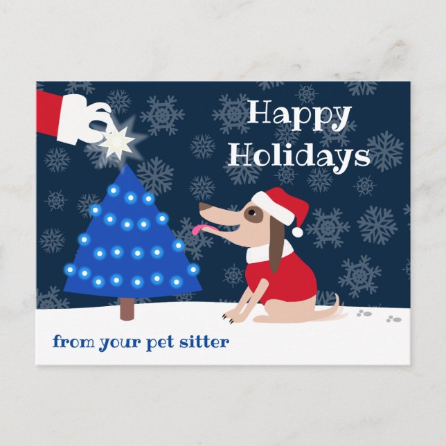 Postal Perro mascota con árbol de Navidad y Santa (Anverso)