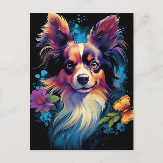Postal Perro Papillon colorido (Anverso)