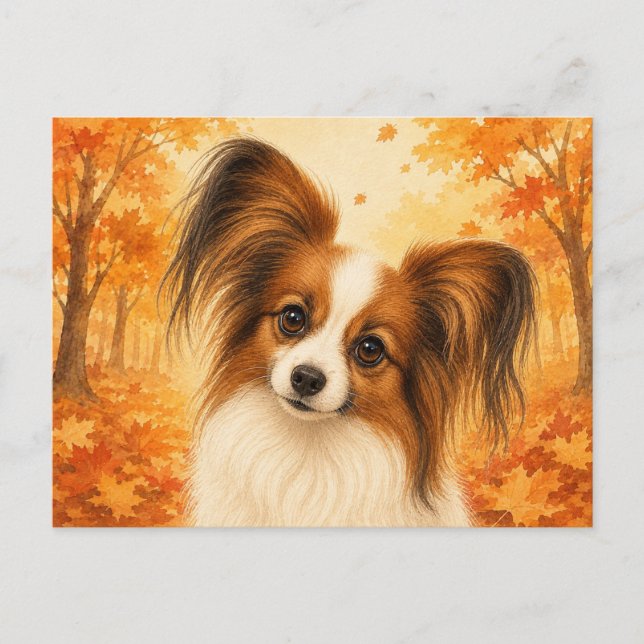Postal Perro Papillon Otoño Bosque (Anverso)