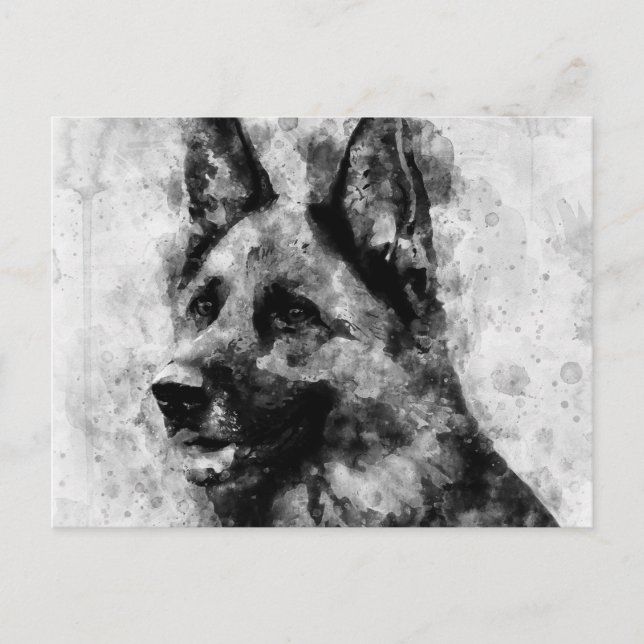 Postal Perro pastor alemán acuarela negro y blanco (Anverso)