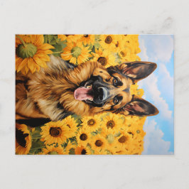 Postal Perro pastor alemán en girasoles