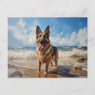 Postal Perro pastor alemán en la playa