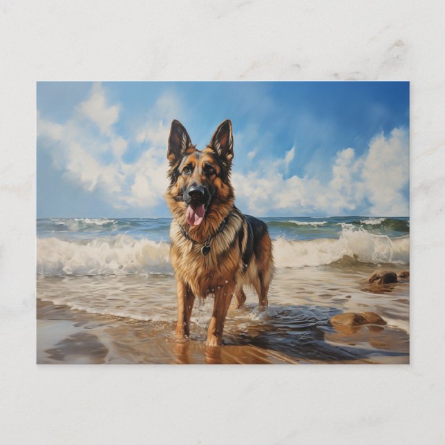 Postal Perro pastor alemán en la playa (Anverso)