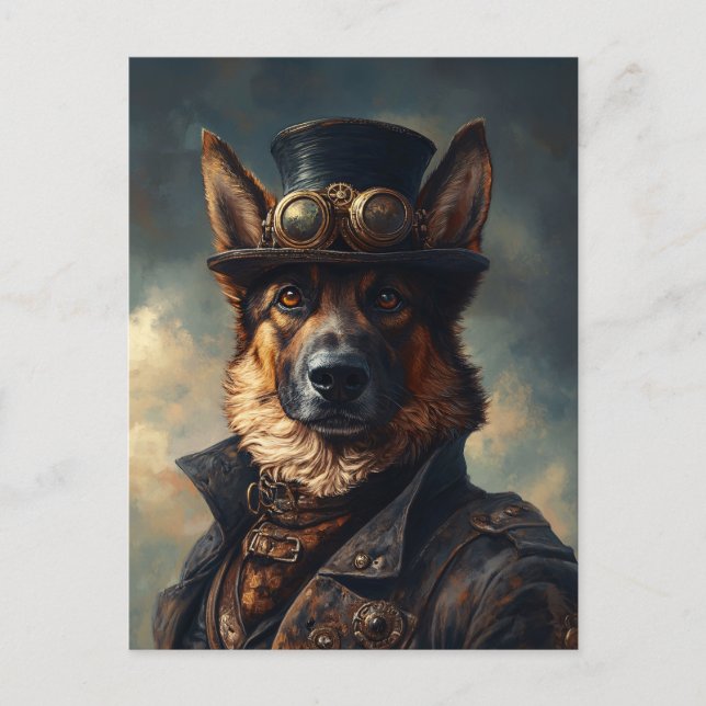Postal Perro pastor alemán Steampunk en sombrero superior (Anverso)
