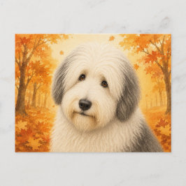 Postal Perro pastor inglés antiguo otoño