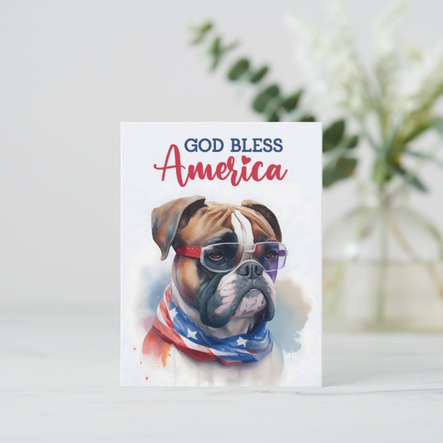 Postal Perro Patriótico - Boxer, Dios Bendiga América Tar (Anverso de pie)