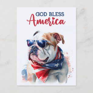 Postal Perro Patriótico-Bulldog, Dios Bendiga América Tar