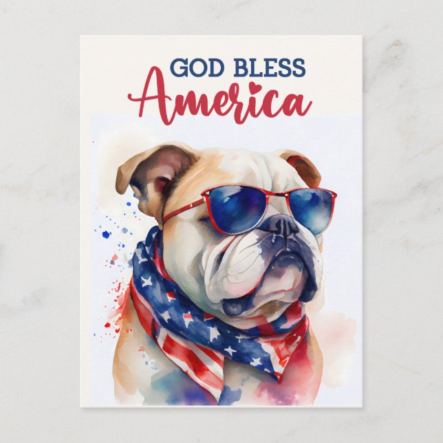 Postal Perro Patriótico-Bulldog, Dios Bendiga América Tar (Anverso)