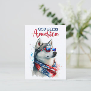 Postal Perro Patriótico Husky, Dios Bendiga América Tarje