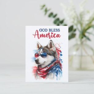 Postal Perro Patriótico Husky, Dios Bendiga América Tarje