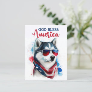 Postal Perro Patriótico Husky, Dios Bendiga América Tarje