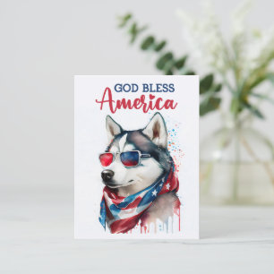 Postal Perro Patriótico Husky, Dios Bendiga América Tarje