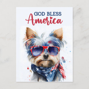 Postal Perro Patriótico-Yorkie, Dios Bendiga América Tarj