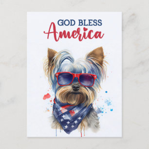 Postal Perro Patriótico-Yorkie, Dios Bendiga América Tarj