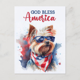 Postal Perro Patriótico Yorkie, Dios Bendiga América Tarj