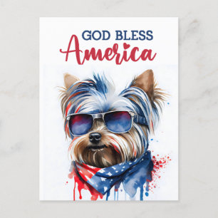 Postal Perro Patriótico-Yorkie, Dios Bendiga América Tarj