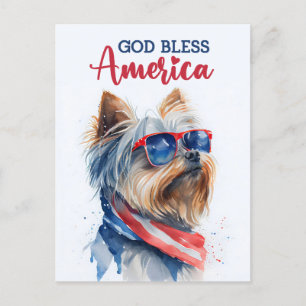 Postal Perro Patriótico-Yorkie, Dios Bendiga América Tarj