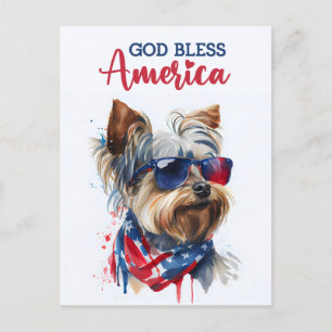 Postal Perro Patriótico-Yorkie, Dios Bendiga América Tarj
