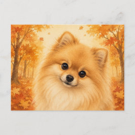 Postal Perro Pomerania Bosque Otoñal