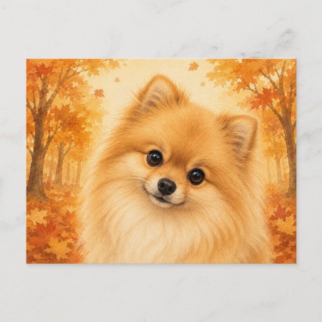 Postal Perro Pomerania Bosque Otoñal (Anverso)
